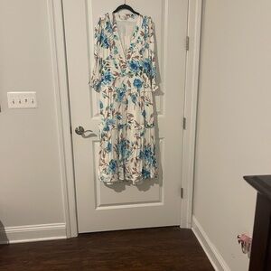 NWT Floral Tiered Midi Dress - White with Blue Floral